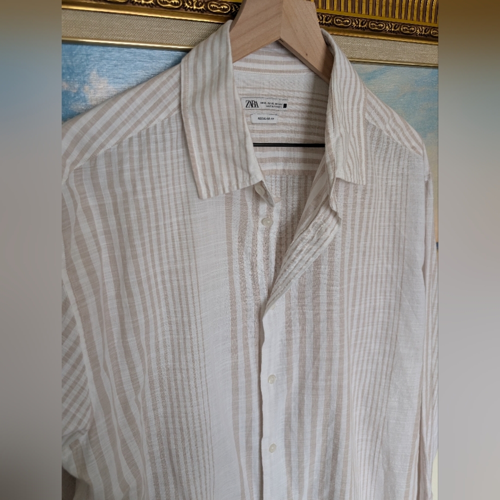 Zara Lightweight Cream Striped Button Down Shirt